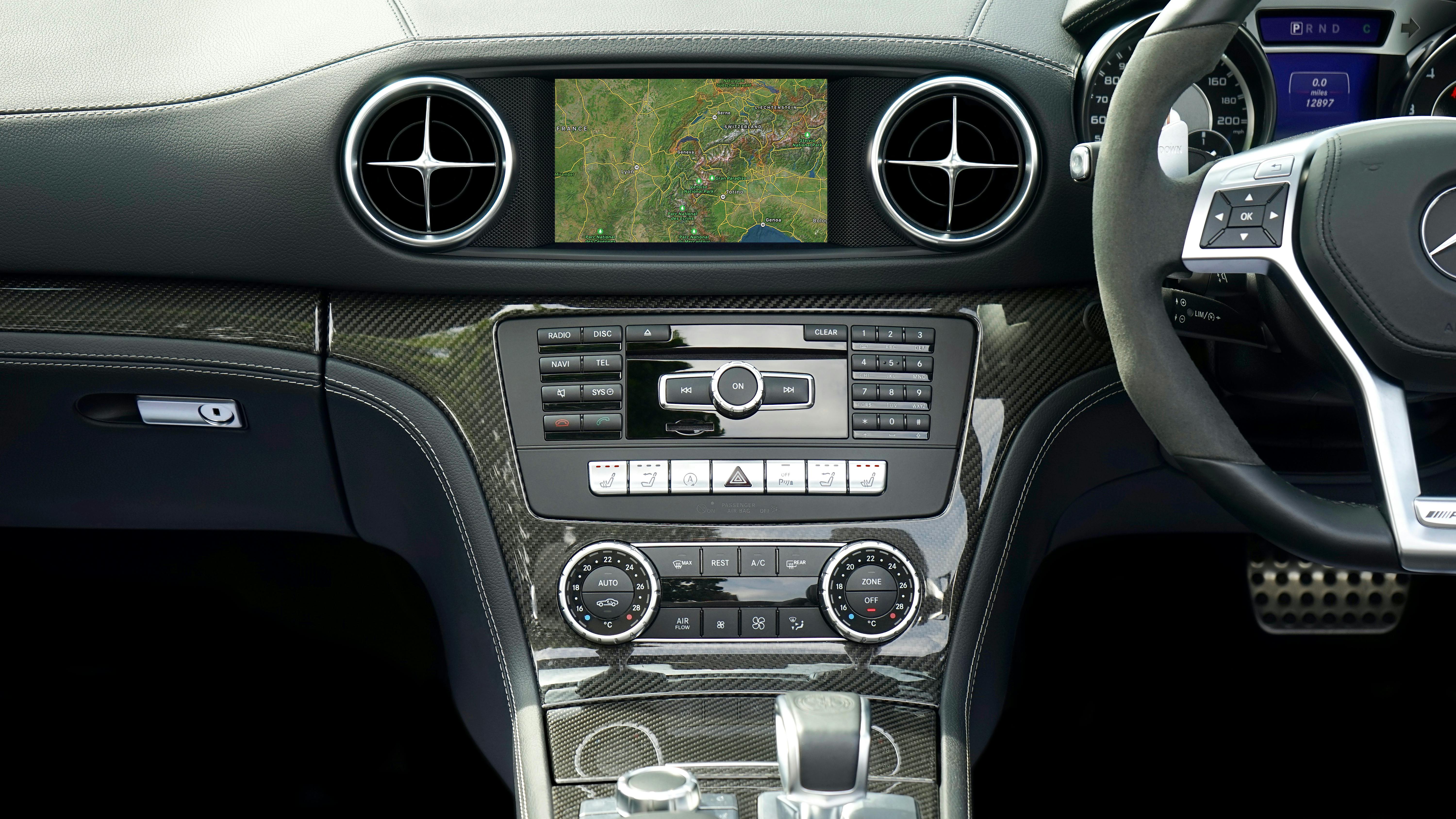 A car dashboard showing a navigation map