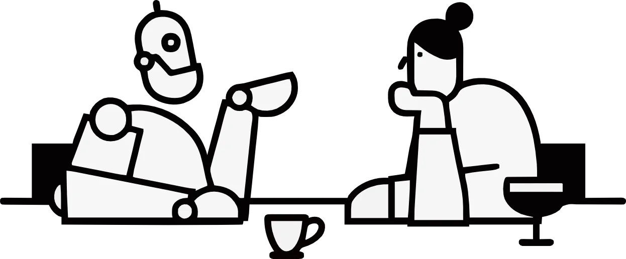 An illustration of two people talking across a table