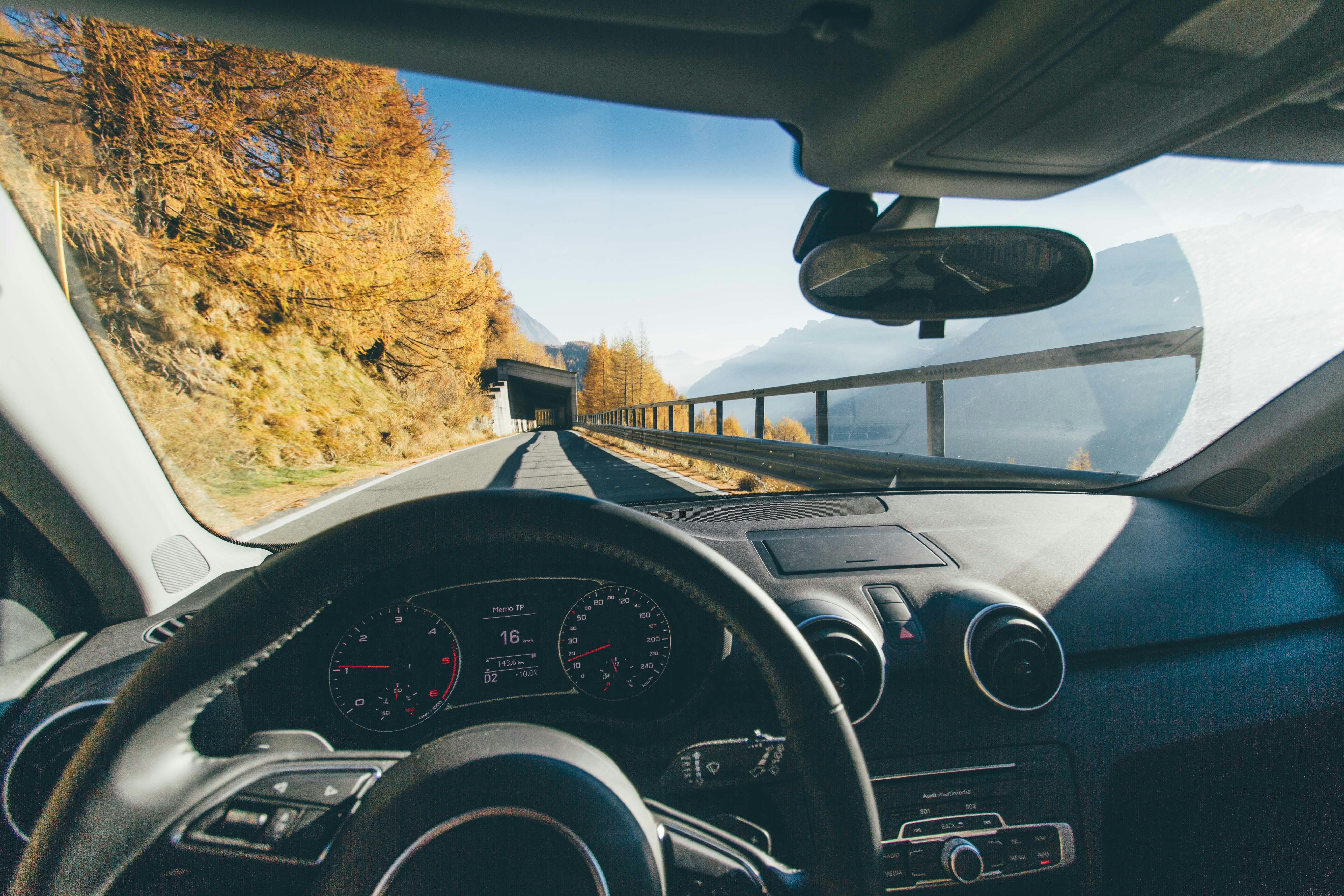 Driver’s view through the windscreen on an open road